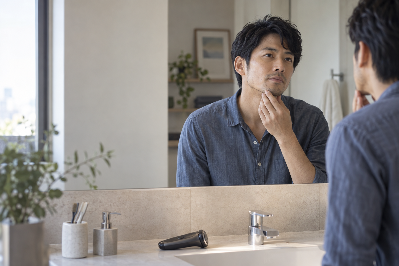 洗面所の鏡で身だしなみを考える男性。AIで作成した暮らしのイメージ。
